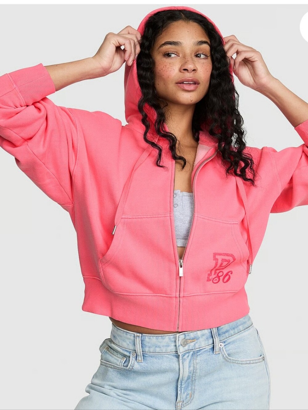 VS Pink Campus Fleece Shrunken Full-Zip Hoodie Vivid Pink Small